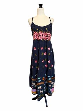 Navy Floral Midi Dress with Pink Embroidery